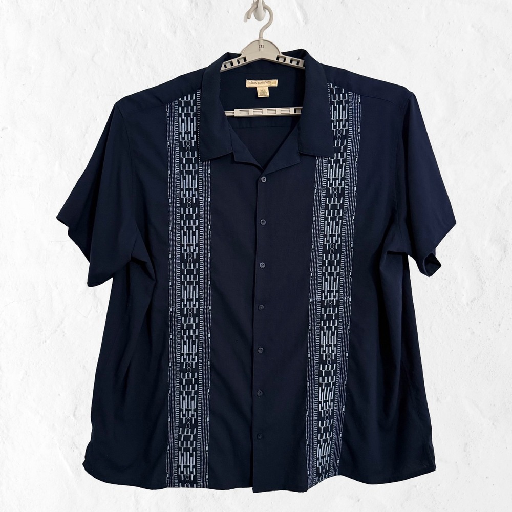 Island Passport Button Up Shirt Mens 5XL Navy Blue Excellent Embroidered Camp